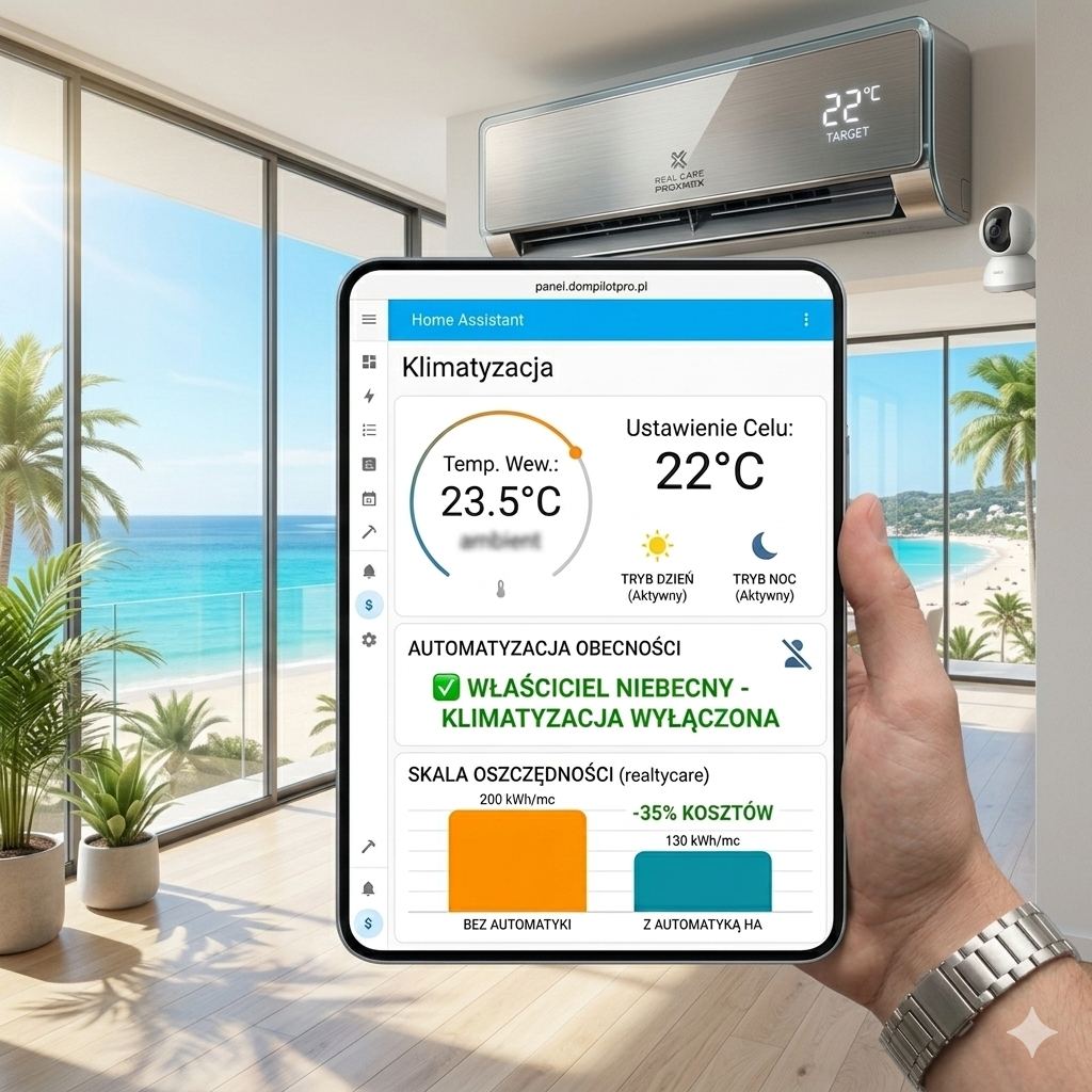 Inteligentne sterowanie klimatyzacją Home Assistant w apartamencie w Hiszpanii – oszczędność energii i zdalne zarządzanie temperaturą 22 stopnie przez realtycare.